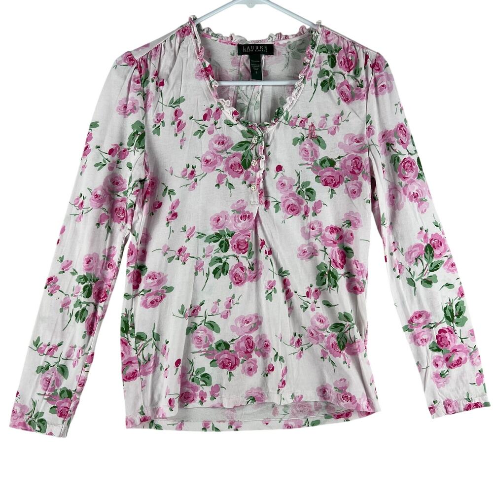 Lauren Ralph Lauren Womens Henley Top SZ S Pink Rose Floral Long Sleeve Cotton